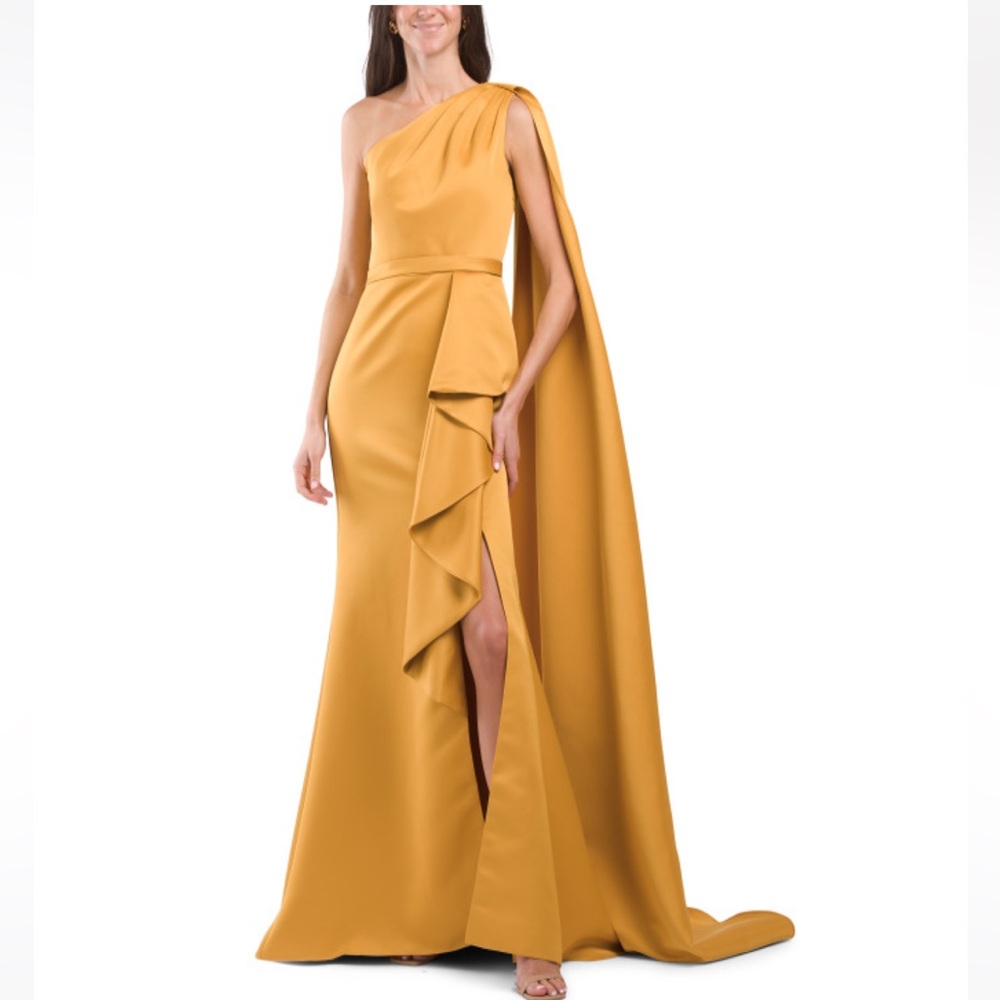 Terani Couture One-Shoulder Golden Mustard Yellow Dress
